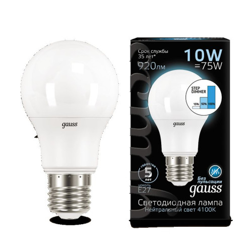 Лампа Gauss LED A60 10W E27 4100K 1/10/50