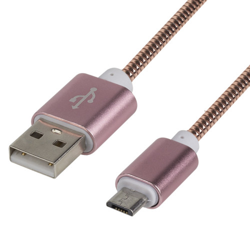 USB кабель microUSB, шнур в металлической оплетке, розовое золото