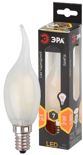 Лампа светодиодная Эра F-LED BXS-7W-827-E14 frost (филамент, свеча на ветру мат., 7Вт, тепл, E14)