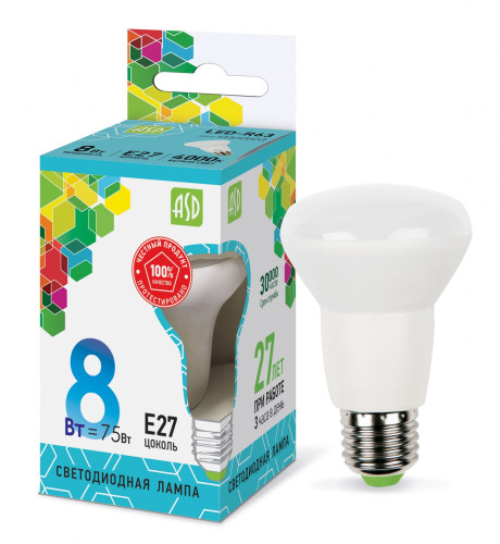 Лампа светодиодная LED-R63-standard 8Вт 230В Е27 4000К 720Лм ASD
