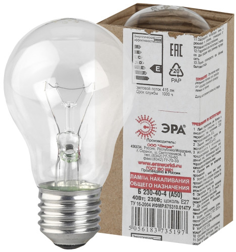 Лампа накаливания  ЭРА A50 (груша) 40Вт 230В E27 прозр. в гофре.Б 230-40-4
