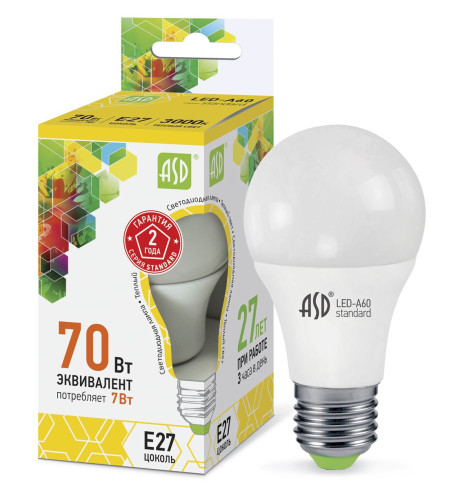Лампа светодиодная LED-A60-standard 7Вт 230В Е27 3000К 630Лм ASD