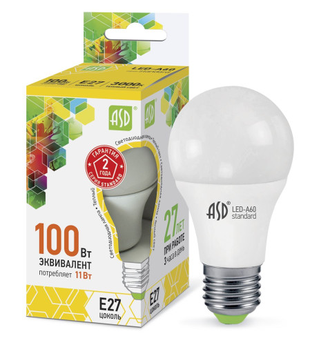 Лампа светодиодная LED-A60-standard 11Вт 230В Е27 3000К 990Лм ASD