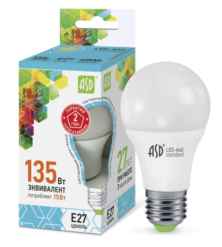 Лампа светодиодная LED-A60-standard 15Вт 230В Е27 4000К 1350Лм ASD