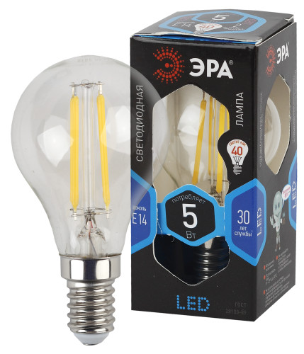 Лампа светодиодная Эра F-LED P45-5W-840-E14 (филамент, шар, 5Вт, нейтр, E14)