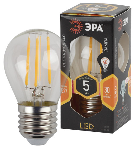 Лампа светодиодная Эра F-LED P45-5W-827-E27 (филамент, шар, 5Вт, тепл, E27)