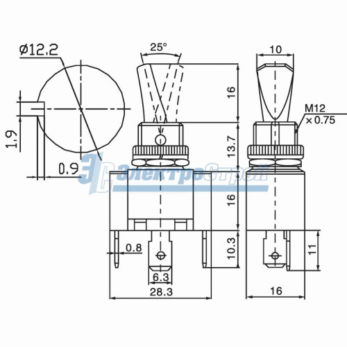 Тумблер 12V 30А (3c) ON-OFF однополюсный  с красной LED подсветкой  (ASW-07D-2)  REXANT Индивидуальн