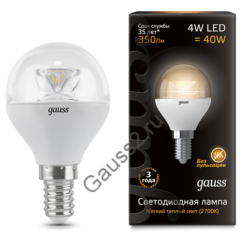 Лампа Gauss LED Globe Crystal Clear E14 4W 2700K 1/10/50