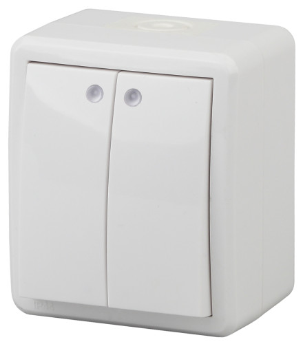 11-1405-01  ЭРА Выключатель двойной с подсветкой IP54, 10АХ-250В, ОУ, Эра Эксперт, белый