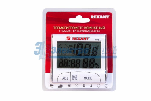 Термогигрометр комнатный с часами и функцией будильника REXANT