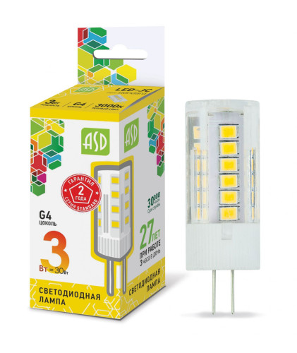 Лампа светодиодная LED-JC-standard 3Вт 12В G4 3000К 270Лм ASD