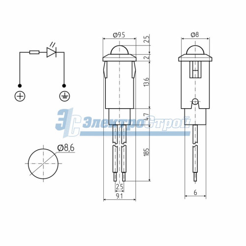 Индикатор Малый  Ø8  12V  с проводом  синий  LED  REXANT