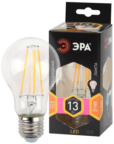 Лампы СВЕТОДИОДНЫЕ F-LED F-LED A60-13W-827-E27  ЭРА (филамент, груша, 13Вт, тепл., Е27)