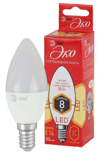 Лампа светодиодная Эра ECO LED B35-8W-827-E14 (диод, свеча, 8Вт, тепл, E14)