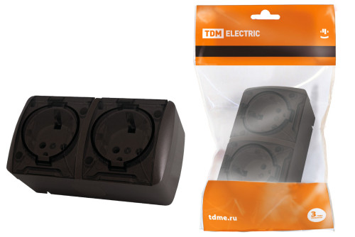 Розетка двойная 2П+3 открытой установки IP54 16А с прозрачной крышкой шоколад 