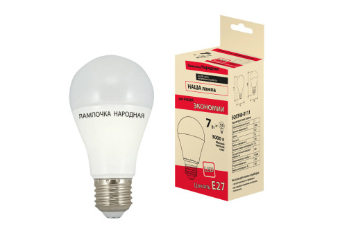 Лампа светодиодная НЛ-LED-A60-7 Вт-230 В-3000 К-Е27, (58х109 мм), Народная