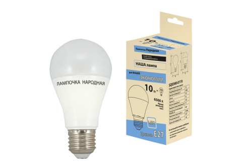 Лампа светодиодная НЛ-LED-A60-10 Вт-230 В-6500 К-Е27, (60х112 мм), Народная