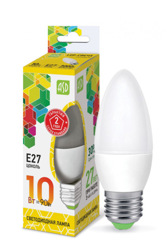 Лампа светодиодная LED-СВЕЧА-standard 10Вт 230В Е27 3000К 900Лм ASD