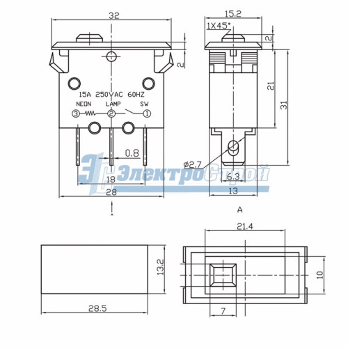 Автомат - предохранитель 250V 15А (3с) красный  с подсветкой  REXANT