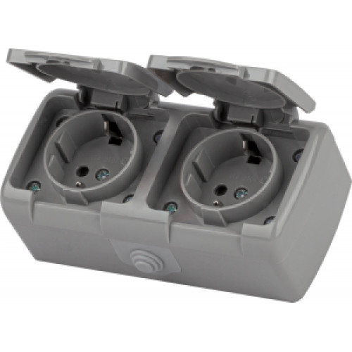 Розетка Intro Atlantic 5-204-03 двойная с заземлением 2х2P+E Schuko шторки, 16А-250В, IP54, открытой