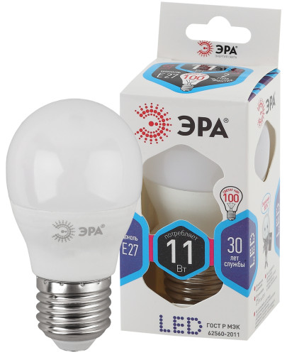 Лампочка светодиодная ЭРА STD LED P45-11W-840-E27 E27 11Вт шар нейтральный белый свет