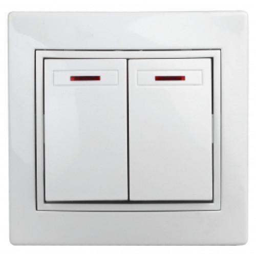 1Э-105-01  Intro Выключатель двойной с подсветкой, 10А-250В, СУ, б.л., Plano, белый
