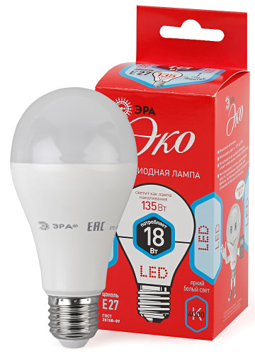 Лампы СВЕТОДИОДНЫЕ ЭКО ECO LED A65-18W-840-E27  ЭРА (диод, груша, 18Вт, нейтр, E27)