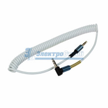Аудио кабель 3,5 мм штекер-штекер угловой, металлические разъемы шнур спираль, 1М белый