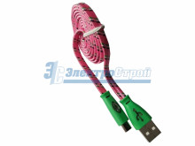 USB кабель светящиеся разъемы microUSB шнур шелк плоский1М розовый REXANT
