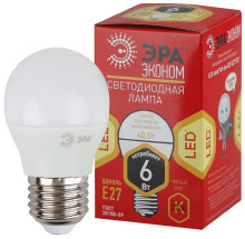 Лампа светодиодная Эра ECO LED P45-6W-827-E27 (диод, шар, 6Вт, тепл, E27.