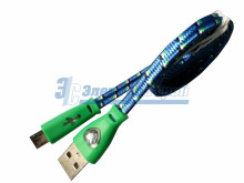 USB кабель светящиеся разъемы для microUSB шнур шелк плоский1М синий REXANT
