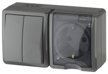 11-7402-03  ЭРА Блок розетка+выключатель двойной IP54, 16A(10AX)-250В, ОУ, Эра Эксперт, серый