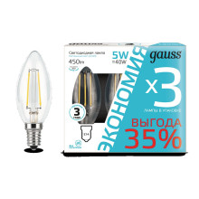 Лампа Gauss Filament Свеча E14 5W 4100К 1/20 (3 лампы в упаковке)